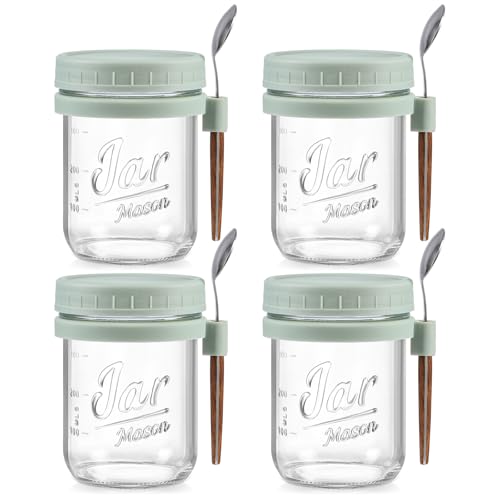 Image of LANDNEOO 4 Pack Overnight Oats Containers with Lids and Spoons, 16 oz Glass Mason Jars with Airtight Lids, Overnight Oats Jars for Milk, Cereal, Fruit-Green