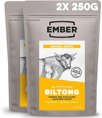 Ember Biltong de Bœuf Original 500 g - Viande Séchée Beef Jerky Riche en Protéines - Faible en Gras, Sans Sucres Ajoutés, Keto, Sans Colorants ni Arômes Artificiels - 2 Sacs Refermables de 250 g