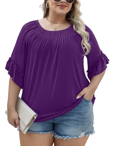 Image of Micoson Womens Plus Size Tops 3 /4 Ruffle Sleeve Crewneck Pleated Shirts