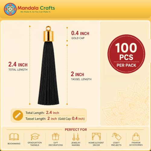 Image of Mandala Crafts Small Gold Tone Cap Black Silky Bookmark Tassels with Loops | 100 PC, Machine Washable, Polyester, Mini, for Crafts Jewelry Making Graduation Decorations Keychains Gift Tags & Ornaments