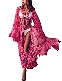 Women Bikini Cover Ups Cardigan Duster Long Sheer Bikini Kimono Beachwears Chiffon Polka Rose Color Loose Maxi Size (390)
