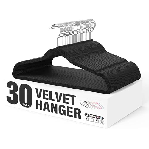 YSSOA Velvet Hangers 30 Pack, Non-Slip Flocked Felt Hangers with Shoulder Notches, Heavy Duty Space Saving Hangers for Coats, Pants and Dress Clothes, Black