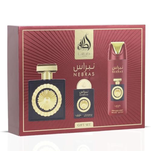 Lattafa Pride Nebras - Set de regalo de lujo para mujeres y hombres, frambuesa, cacao oscuro y vainilla, aroma largo y calmante