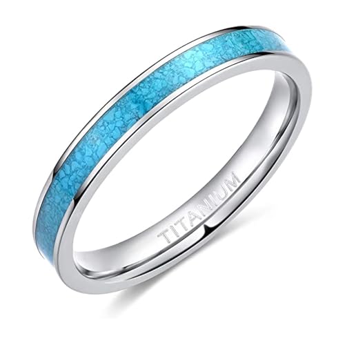 Ayoiow Engagement Bands for Men, Turquoise Inlay Titanium Wedding Bands for Him Steel No Gemstone Silver Size O 1/2