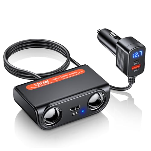 7 in 1 Cigarette Lighter Splitter, ELECTOP 24/12V Socket Car Cigarette Lighter Splitter Power Adapter DC Outlet Car Charger Adapter with LED Voltage Display & Extension Cord