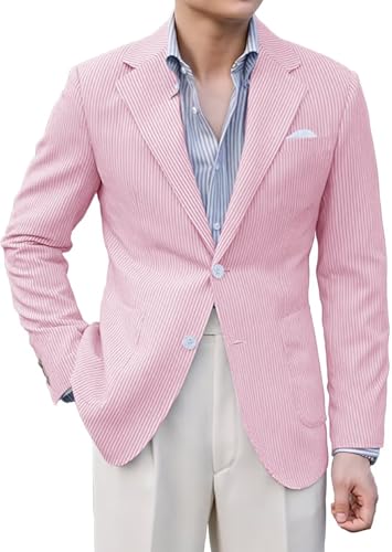 Men Seersucker Sports Jacket Coat Classic Summer Blazer Seersucker Suit for Men Beach Wedding Blazer Pink 2XL