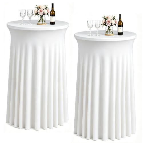 2 Packs Round Spandex Cocktail Table Skirt 32"x 43" Spandex Stretch Cocktail Tablecloth with Wavy Drapes, White Spandex Fitted High Top Round Table Covers for Wedding Bar Party Birthday Banquet Tables by HAISIWLKJ - Used condition - US$23.78