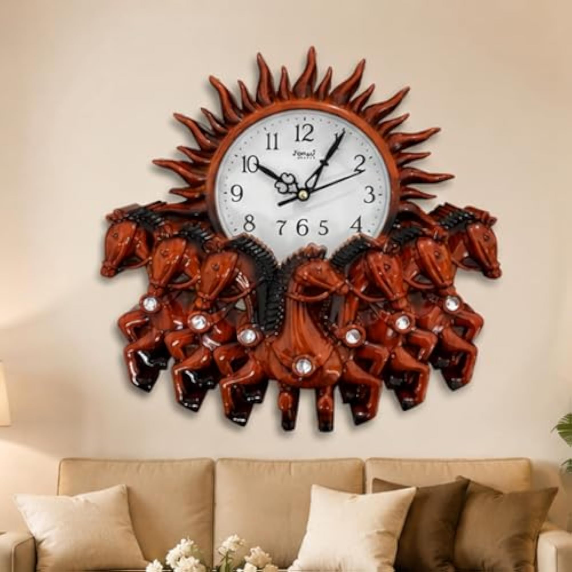 Decorative Horse Wall Clock with Sun Design, Orange Resin Frame