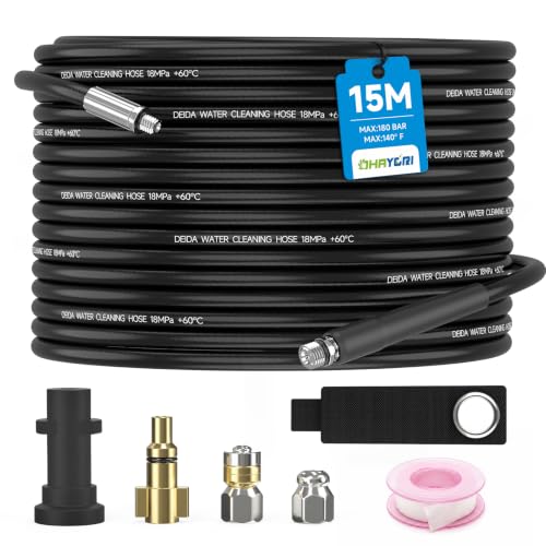 15M Tubo di Pulizia per Idropulitrice, Kit di Pulizia per Tubi Scarico con Sonda Sturatubi e Ugello a Getto Rotante, 2 Adattatori Compatibile con Idropulitrici Kärcher K2 K3 K4 K5 K6 K7 serie e Lavor
