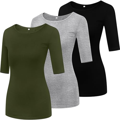 Huukeay 3 Pack Women's Half Sleeve Tops 1/2 Sleeve T-Shirt Womens Basic Round Neck Slim Fit Tight Casual Elbow Summer Tees