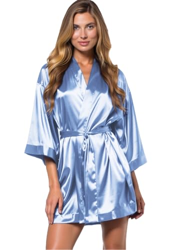 Image of Turquaz Women's Bride Bridesmaids Robe - Satin Kimono Robes for Women, Airy Blue, Large
