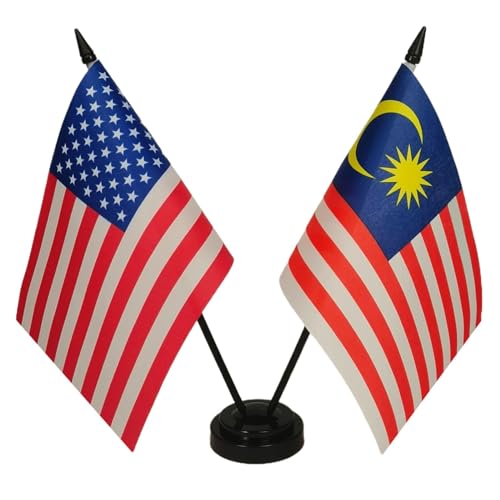 US American & Malaysia Friendship Table Flag Display, American & Malaysia Desk Flag, American & Malaysian Twin Desk Flag Set-Miniature US & Malaysia Desktop Flag