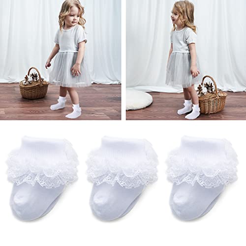 Baby Girl Socks Newborn Triple Lace Ruffle Socks Turn Cuff Socks 3 Pairs Ankle Dress Sock For Infant (White, 0-3 Months) #TOP2
