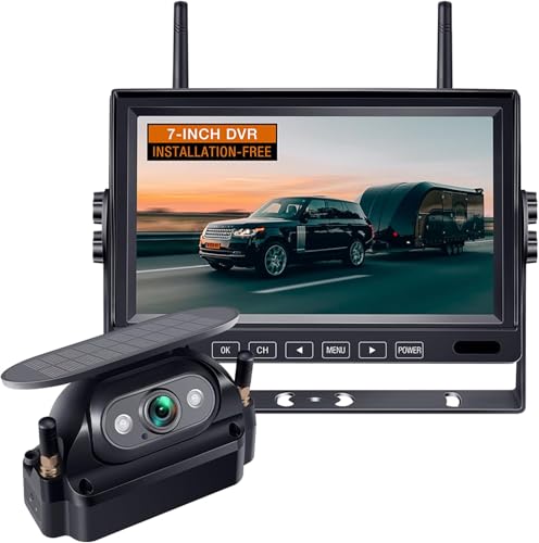 7-Inch Solar Magnetic Wireless Backup Camera for RV/Truck/Trailer, 1080P HD Touch Screen IPS Monitor with DVR Recording, 100% Wire-Free Rear View Camera with 100M Range & IR Night Vision