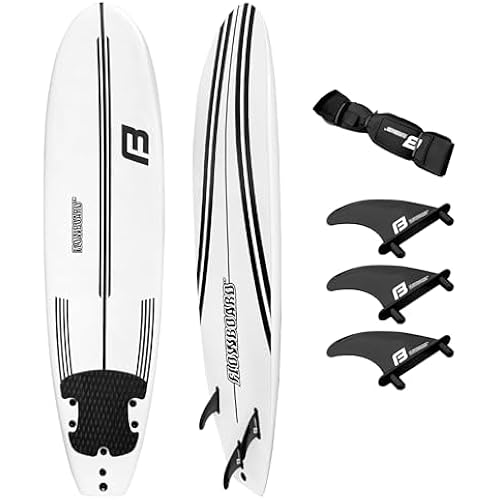 FLOWBOARD Surfboard Softboard Foam - Include (3) Fins 6’ Foot Leash and (2) Wood Stringers Inside Board Availalable in 6' and 7' Short Board and 8' Longboard