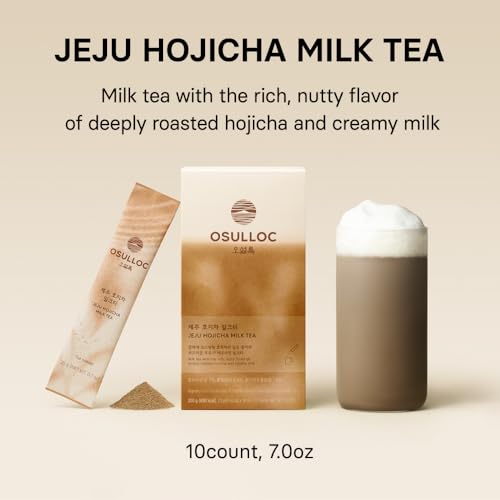 Image of OSULLOC Jeju Hojicha Milk Tea (7oz X 10 Packets), Roasted Hojicha Latte Powder with Vanilla Notes, Instant Milk Tea Drink, Lightly Sweetened