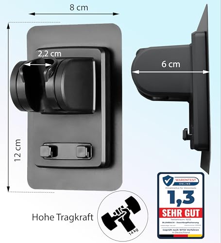 BLUMBACH® Duschkopfhalterung ohne Bohren - DAS ORIGINAL - Duschhalterung kleben statt Bohren - Neigung verstellbar, schwarz, Duschkopf Halterung, Shower head holder mit extra starkem Klebepad