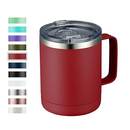 Image of MEWAY 12oz Coffee Mug With Handle and Sliding Lid,Stainless Steel Travel Tumbler Cup with Handle,Double Wall Vacuum Insulated Camping Cup for Hot & Cold Drinks Tea (Red,Set of 1)