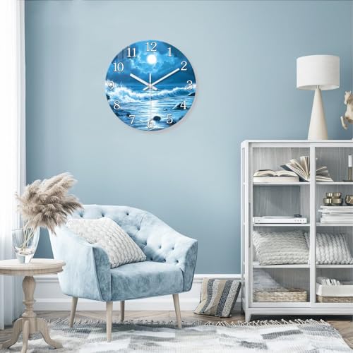Image of XFM Blue Moon Wall Clock Battery Operated 14 Inch Silent | Non Ticking Ocean Wave Round Modern Glass Nature Decorative for Kitchen Bedroom Bathroom Decor