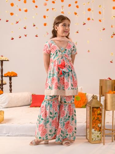 Pspeaches Girl's Cotton Kurta & Sharara (Sha-Peachfloral-15-16Y_Peach