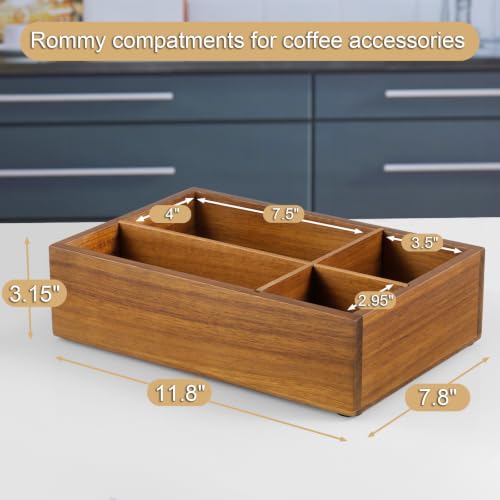 Image of ALELION Acacia Wood Coffee Station Organizer - Wooden Coffee Bar Accessories Organizer with Removable Dividers for Pods Condiment Syrup Tea Cups Stirrers - for Farmhouse Coutertop Decor