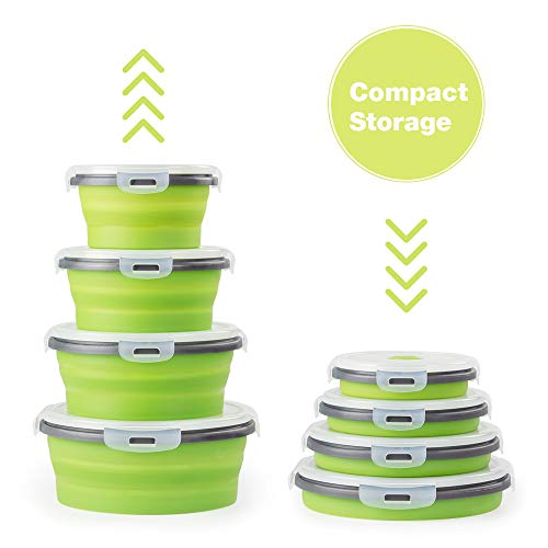 Virklyee® 4 PCS Boîte à Lunch Pliante en Silicone Rond Rétractable Récipients Alimentaires en Silicone Rétractable Déjeuner Bento Box Stockage de Nourriture Silicone boîte Stockage (Vert)