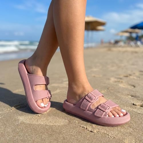 Image of CUSHIONAIRE Fame Pillow Recovery Sandals for Women, Adjustable Double Buckle Waterproof EVA Cloud Slides for Women