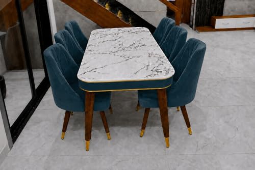 Image of WOODEN SPACE 6-Seater Wooden Dining Table Set | Nano Composite Marble Top | Solid Wood Base | Modern Dining Room Furniture with 6 Chairs (Seablue Frontline)