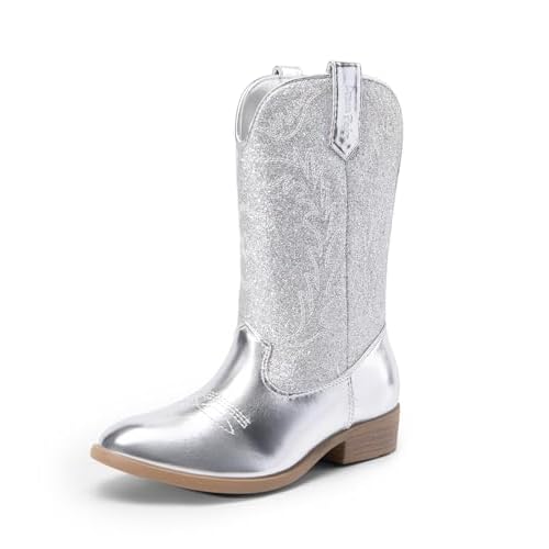 DREAM PAIRS Cowgirl Cowboy Western Boots Girls Mid Calf Riding Shoes Little Kid/Big Kid 13 Little Kid Silver