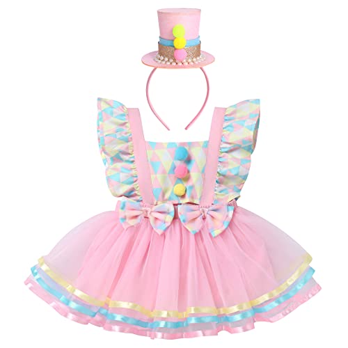 Baby Girls Carnival Costume Halloween Party Cosplay Outfits Toddler Newborn Flying Sleeve Square Neck Ruffle Bowknot Ball Circus Birthday Princess Tutu Romper Dress With Headband Pink 2Pcs 18-24 Months #TOP27
