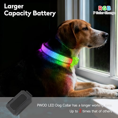 PWOD LED Dog Collar, Light Up Dog Collar USB Rechargeable, Nylon Adjustable Comfortable Soft Bright RGB 7 Colors Changing Safety Light Glowing Collar for Medium and Large Dogs(Medium,Green) by PWOD - Image 2