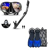 DYY Mask Fin Snorkel Set with Adult Snorkeling Gear, Swim Goggles 180 Panoramic View Anti-Fog Anti-Leak Dry Top Snorkel, Swim Fins Adjustable Travel Size Flippers Blue S/M(Adult US Size 4.5-8.5)