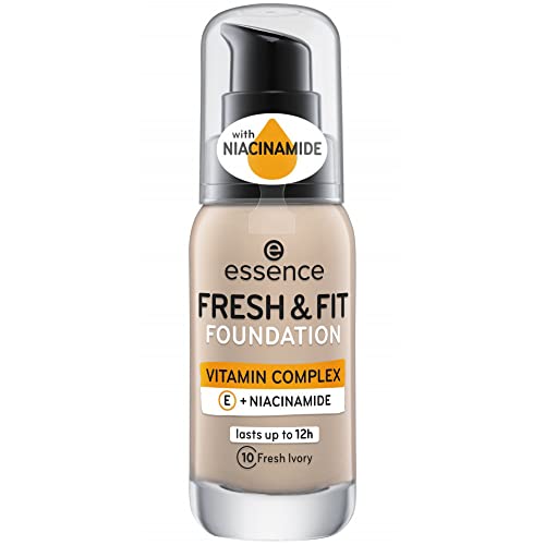 essence Fresh & Fit Foundation, Make Up, No. 10 Fresh Ivory, Nude, Nourishing, Smoothing, with Vitamins, Natural, Vegan, Paraben-Free, Microplastic Particles (30 ml)
