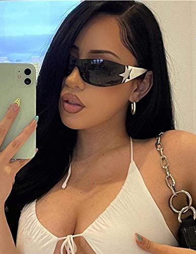 Image of Y2K Sunglasses for Women Men, 2000s Fashion Shield Wrap Around Y2K Glasses Rimless Oversized One Piece Lenses