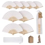 SWAWIS 60 Piezas Abanicos de Tela Blanco, Abanico Plegable con 60 Bolsas de Organza y Tarjetas de Agradecimiento, Ventiladores de Bambú para Bodas Bautizos Decoraciones Fiestas DIY