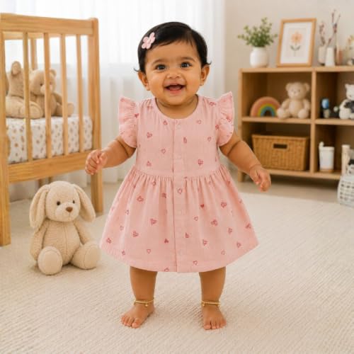 Image of Lilimi Toddler Baby Girl Cotton Muslin Dress, Breathable Flutter Sleeve Button-Front Cute Frocks