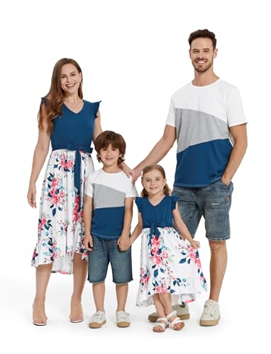 Image of PATPAT Family Matching Outfits Mommy and Me Outfits Floral Dress & Tee Sets | Couples Matching Outfits, Women Girl Flutter Sleeve Dress, Men Boy Cotton Blend T-shirts, Beach Vacation, Family Photoshoot