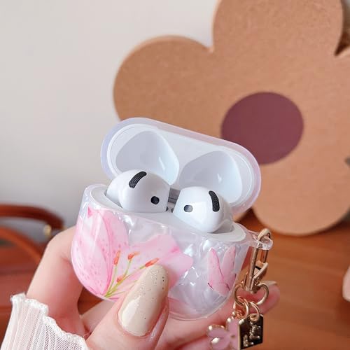 Image of MINSCOSE for Cute Glitter AirPods 4 Clear Case,Flower and Butterfly Shell Pattern Design with Trendy Floral Keychain,Soft TPU Protective Cover with Cleaner Kit for AirPods 4-Pink