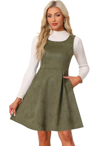 Allegra K Pinafore Dress for Women's Sleeveless Casual Vintage Faux Suede t  Shirt Dresses X-Small Army Green at Amazon Women's Clothing store