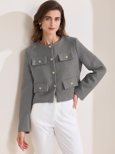 Allegra K Women's Cropped Blazer Jacket Long Sleeve Button Down Spring Fall Work Business Tweed Blazers3