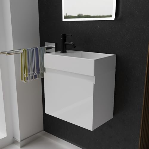 Alpenberger Gäste WC Waschbecken mit Unterschrank 45 cm Breit | Waschtisch Set Klein | Aufsatzwaschbecken Waschtischunterschrank Hängend | Möbel Bademöbel-Set | Waschbeckenunterschrank Weiß