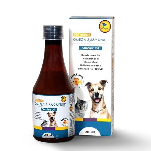 PETHEEDS Omega 3-6-9 Syrup for Dogs & Cats (200 ml) | Concentrated Sardine Fish Oil with Vitamins, Minerals & Taurine | Advanced Skin & Coat Health Formula | Nutritional Supplement for Pets
