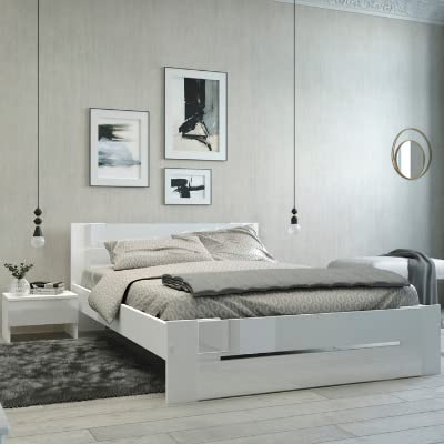 Miroytengo Pack White (Cama de Matrimonio + 2 mesitas) en Color Blanco Estilo Moderno 135-140x190cm