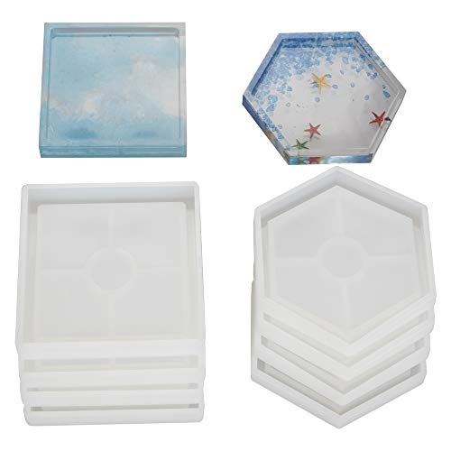 8 Pcs DIY Coaster Silicone Mold, Include 4 Pcs Square, 4 Pcs Hexagon