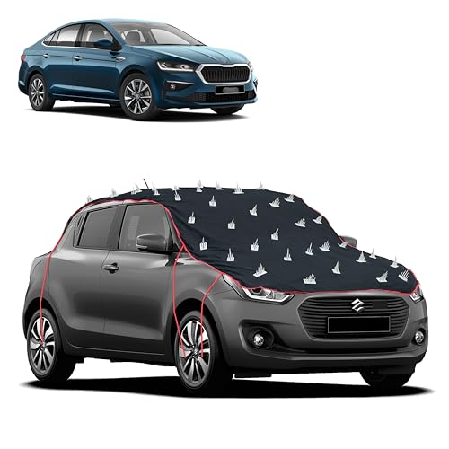 Image of Dog Protection Spike Car Cover for Skoda Slavia Bonnet to Roof Easy Installation with 4 Elastic Hook Strap | Anti-Scratch Soft Cotton Inner | Complete Protection from Street Dogs & Monkeys