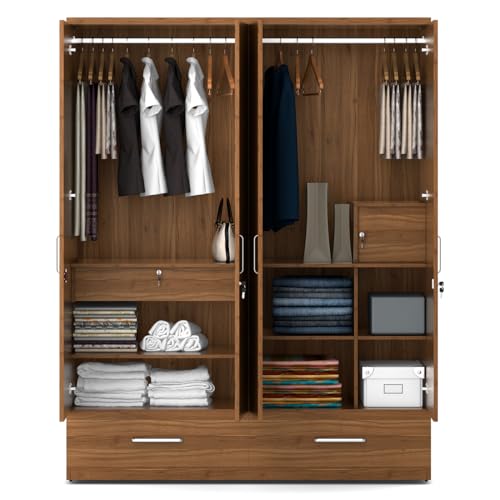 Image of Spacewood Linden Wardrobe | 3 Year Warranty | Almirah, Cupboard, Almari, 4 Door Wardrobe with Mirror, 3 Drawer (1 Lock Drawer) and 2 Hanging Space & 1 Internal Locker |Engineered Wood| Natural Teak