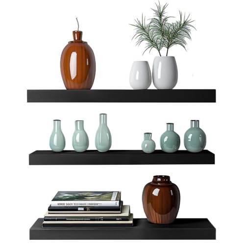 TOREOKO Étagère Murale Flottante Lot de 3, Étagères Murales Noires 41cm en Acier Inoxydable, Tablette Murale Design Invisible pour Cuisine Salon Chambre Salle de...