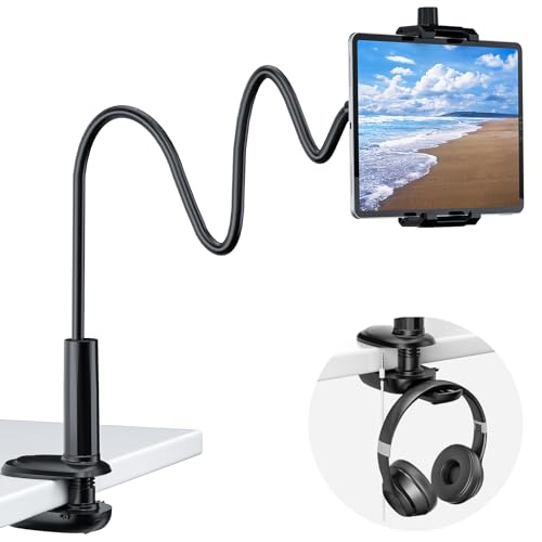 KDD Gooseneck Tablet Holder for Bed - 360 Adjustable iPad & Phone Holder with Headphone Hanger, Arm Tablets Mount Clamp for Video Recording, Bedside & Headboard Clamp for iPad Pro 12.9, Mini 4.7-12.9