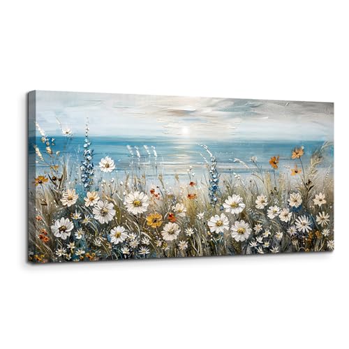 SERIMINO Large Wall Art for Living Room, Coastal Landscape Wall Decor, Beach Daisy Canvas Prints Farmhouse Decor, Wildflowers Bathroom Pictures Home Decor Aesthetic, Dining Room Kitchen Artwork 24"X48"