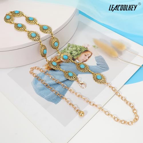 Image of LEACOOLKEY Women Turquoise Concho Chain Waist Belt Silver Western Cowgirl Metal Chain Belt for Dress Adjustable
